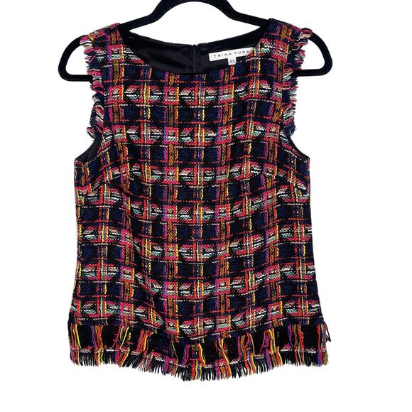 Trina Turk XS Black Pink Tweed Fringe Plaid Sleeveless Top Blouse Yellow Blue - Picture 1 of 8